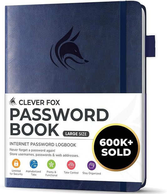 Clever Fox Password Book with alphabetical tabs. Internet Address Organizer Logbook. Large Password Keeper for Website Logins (Dark Blue)