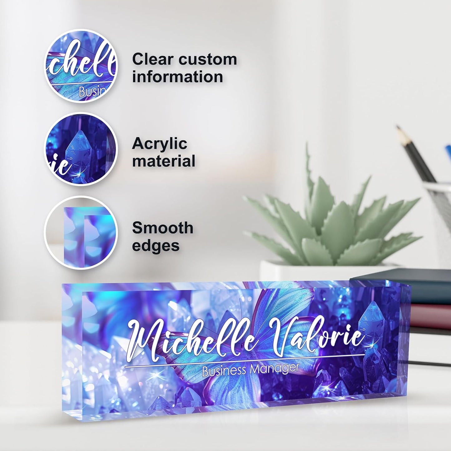 Personalized Name Plate for Desks, Custom Desk Name Plates, Acrylic Name Plate Office Desk Accessories, Personalized Office Gifts for Coworkers Teachers, Employee Appreciation Gifts (Crystal Butterfly)