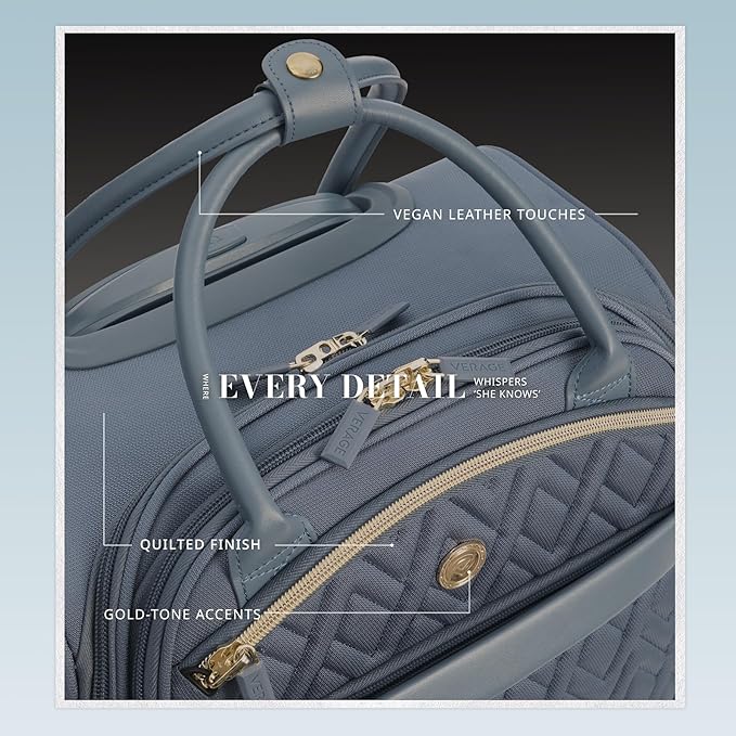 Verage 18x14x8in Spinner Underseat Carry-On Luggage -Airplane Personal Item Bag, USB A&C Charging Port, Padded Laptop Pocket & Wet/Dry Compartments for Women, Haze Blue