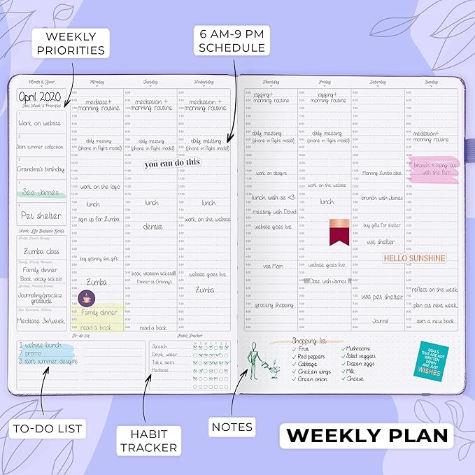 GoGirl Planner PRO Schedule - Undated Planner with Hourly Time Slots, Monthly, Weekly & Daily Organizer, Appointment Book for time Management, 7"x10" Hardcover, Lasts 1 Year - Lavender