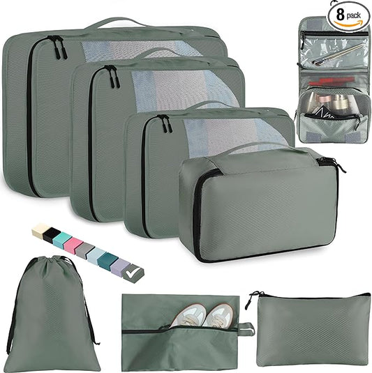 8-Piece Packing Cubes for Travel, Mesh Luggage Organizers with Shoe Bag, Toiletry Bag, Laundry Pouches, 4 Sizes (XL/L/M/S) for Suitcase Organization, Men Women Kids, Avocado Green