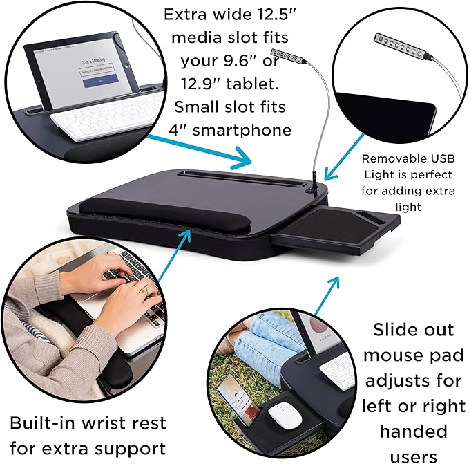 BIRDROCK HOME Multi-Tasking Lap Desk with Memory Foam Cushion | USB Light and Mouse Pad | Fits Laptops Up to 15" | Tablets Up to 9.6" | Smartphones Up to 4" | Black Spackle Top | Home Office
