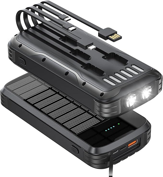 Solar Charger Power Bank, 40000mAh Portable Charger PD 20W Fast Charging Solar Power Bank Built in 4 Cables and USB-C in/Output, Camping Essentials External Battery Pack with Flashlights