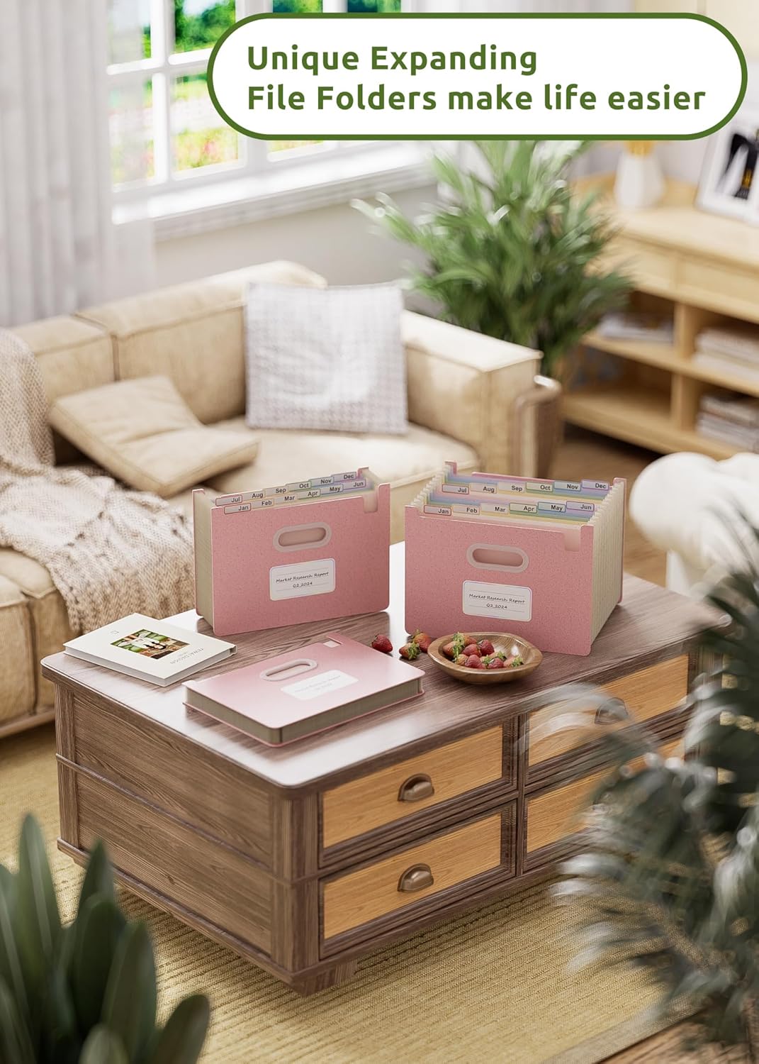 Accordion File Organizer, 12 Pockets Wheat Straw Expanding File Folders, Upright&Open Top, Monthly Bill Receipt Organizer, 100%BPA Free, Return to Nature, Healthy Living,Letter/A4 Size-Strawberry Pink