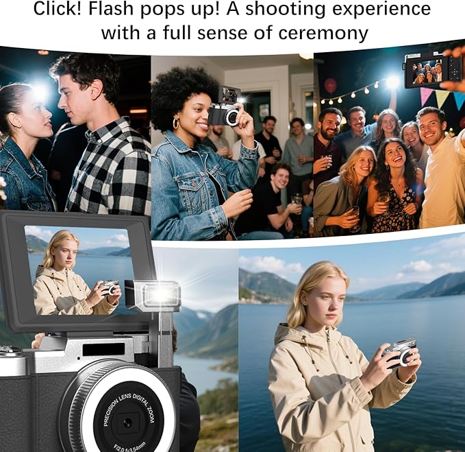 4K Digital Camera for Photography, 48MP Vlogging Camera for YouTube 2.8" 180° Flip Screen 18X Digital Zoom Compact Travel Cameras with 64GB SD Card & Card Reader,Mini Tripod,2 Batteries