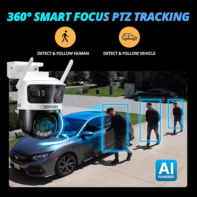 Defender AI Powered 3K+ Guard WiFi Tri-Lens PTZ Plug-in Power Outdoor Security Camera, 3-in-1 360°Smart View Camera, 8X Zoom, Human/Vehicle AI Detection, Blue/Red LED, WiFi 6, Works w/Guard App