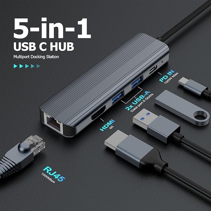 USB C Hub Ethernet HDMI Multiport Adapter for MacBook Pro/Air, iPad, Laptop Dock with 5Gbps USB A/C, 1Gbps RJ45 Gigabit Ethernet, 4K 30Hz HDMI, 100W Pass Through Charging