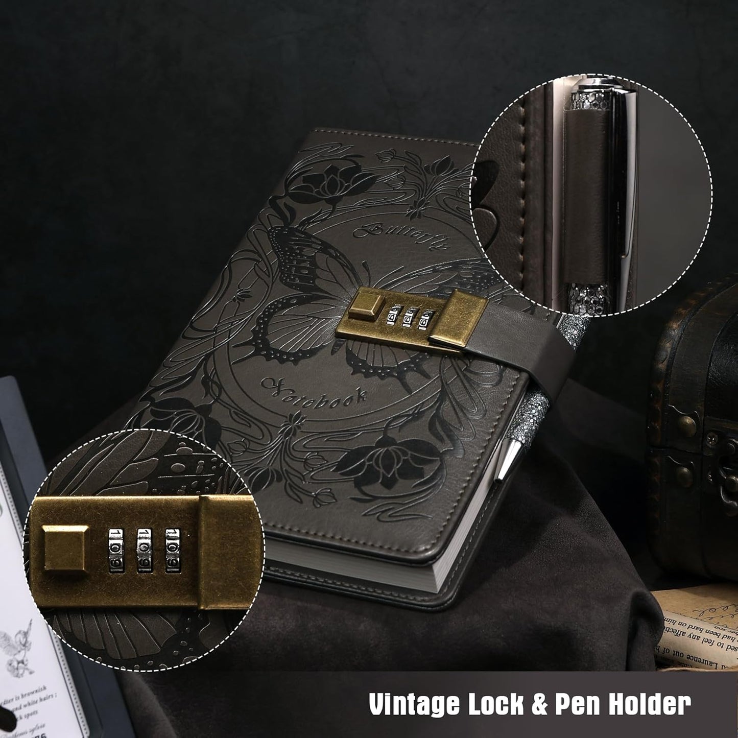 TIEFOSSI Diary with Lock for Women Girls, Lined Locked Journal, Butterfly Journal Notebook with Pen and Bookmark, A5 Refillable Locking Journals for Writing, 224 Numbered Pages