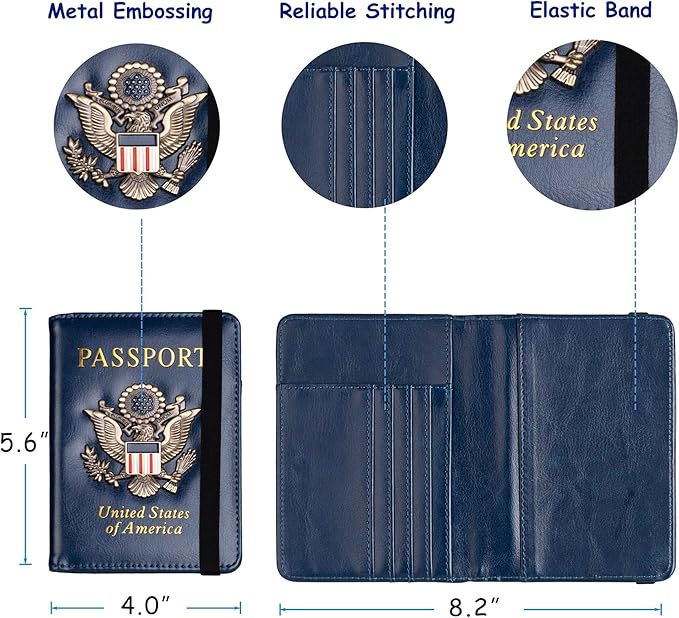 TOURSUIT RFID Blocking Passport Holder for Women Men, Leather Passport Travel Wallet with Metal 3D Metal Badge, Travel Document Holder Cover Accessories (Dark Blue)