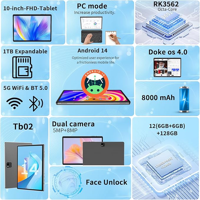 Android 14 Tablet with Keyboard, 12GB RAM (6+6), 128GB Storage, 1TB Expandable, 8000mAh Battery, 10 Inch 2-in-1 Tablets, Includes Case, Mouse & Stylus（Pink）