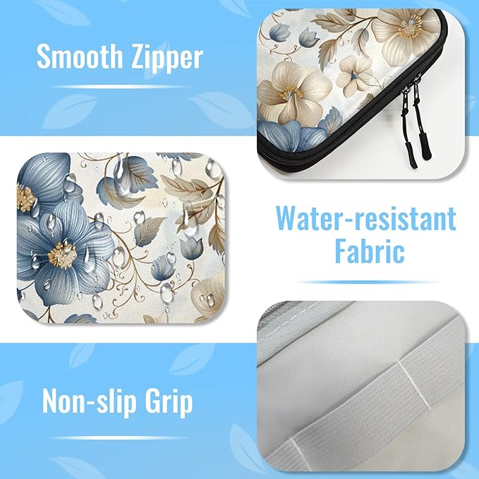 Blue White Flowers Electronics Travel Organizer Case, Tech Accessories Cable Storage Bag for Cords, Charger, Phone, Hard Drive