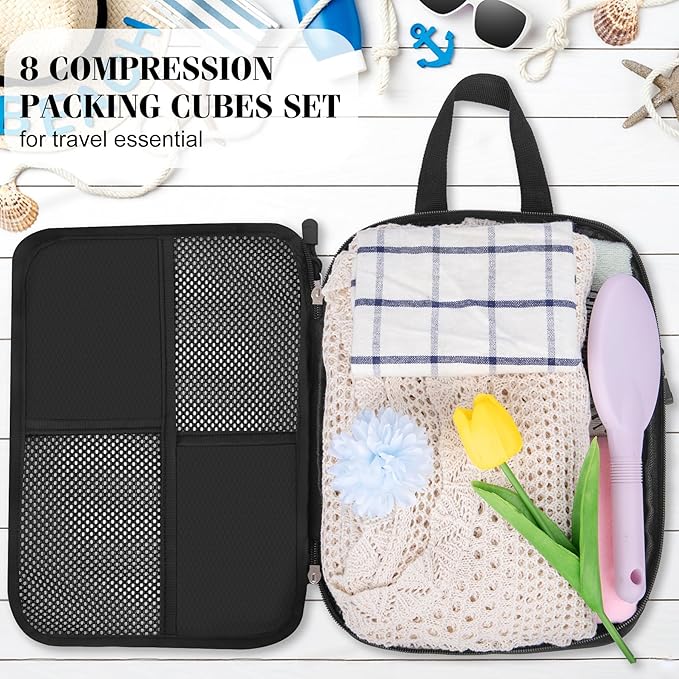 8 Set Compression Packing Cubes for Travel, Expandable Waterproof Travel Organizer, Lightweight Luggage Organizer with Shoes & Laundry Bags, Travel Accessories for Men Women, Black