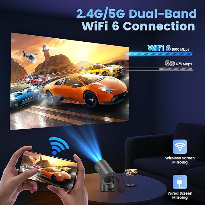 Portabler Projector with Built-in Battery, Outdoor Movie Projector for Camping, Backyard, Bedroom, Mini Projector with WIFI and Bluetooth, 180° Rotatable Stand, Auto Keystone, Electric Focus