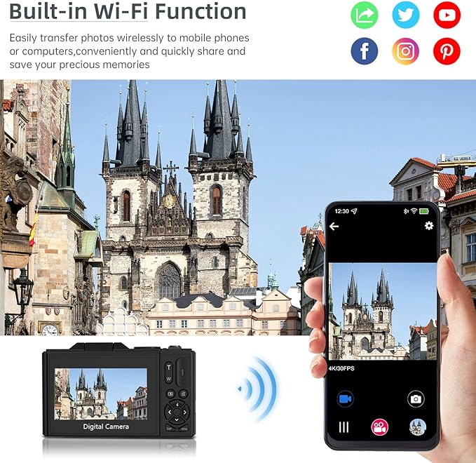 Digital Camera for Photography and Vlogging, 4K Autofocus YouTube Camera with 3" 180° Flip Screen, WiFi, 18X Zoom, Flash, 2 Batteries & 32GB SD Card