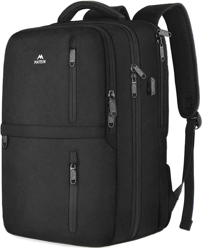 MATEIN Carry on Backpack, Flight Approved Travel Backpack with USB Port, TSA Personal Item Travel Bag fits 17" Laptop, Large Water Resistant Luggage Overnight Weekender Bag for Men & Women, Black