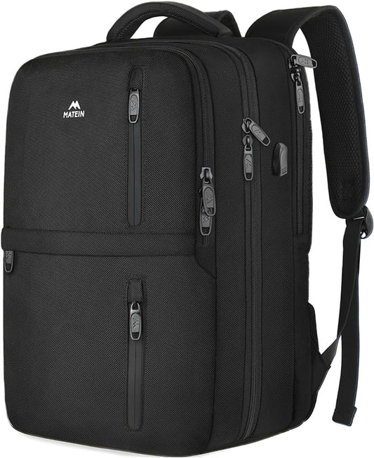 MATEIN Carry on Backpack, Flight Approved Travel Backpack with USB Port, TSA Personal Item Travel Bag fits 17" Laptop, Large Water Resistant Luggage Overnight Weekender Bag for Men & Women, Black