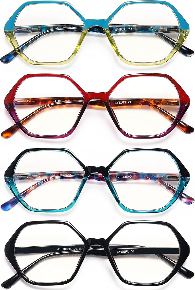 EYEURL Reading Glasses for Women 4-Pack Blue Light Blocking Reading Glasses Vintage Design Diamond-Shaped Frame Spring Hinge Readers Anti Glare Filter Lightweight Eyeglasses,1.0