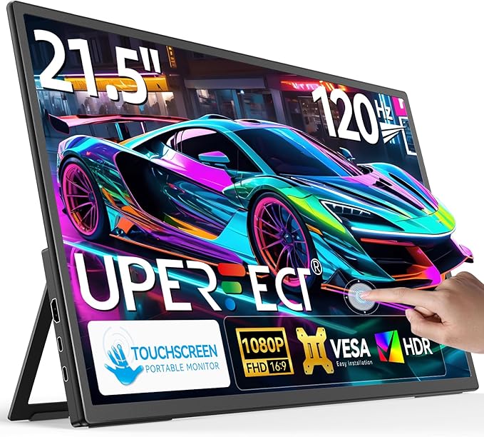 UPERFECT 21.5” 120HZ Touchscreen Portable Monitor w/Kickstand & VESA, Large Portable Gaming Monitor with HDMI Type C, External Display for Laptops, Steamdeck, MacBook, Phones, Mini PC