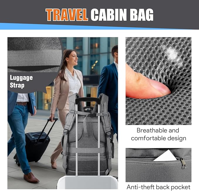 Carry On Backpack, 55L Travel Laptop Backpack, Anti-Theft TSA Flight Approved Large Laptop Bag, Sturdy 18.4 Inch Lightweight Expandable 50L - 60L Water Resistant Business Bag for Men, Grey