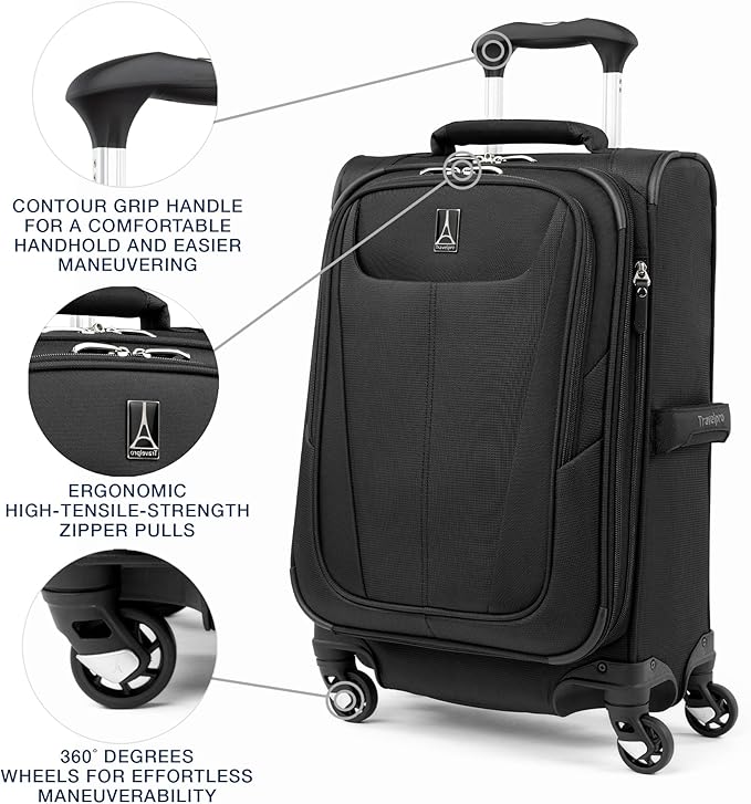 Travelpro Maxlite 5 Softside Expandable Luggage with 4 Spinner Wheels, Lightweight Suitcase, Men and Women, Black, Compact Carry-on 20-Inch