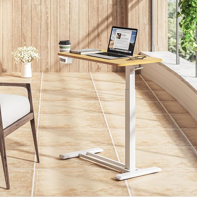 SANODESK Medical Adjustable Overbed Bedside Table with Hidden Casters, Pneumatic Mobile Laptop Computer Standing Desk Cart with Tray, Hospital and Home Use(27.6" W x 15.7" D, Maple)