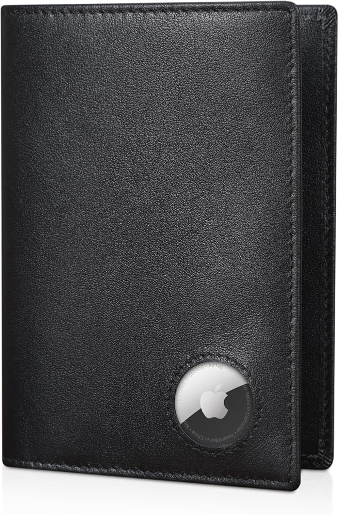 Polare Slim RFID Blocking Leather Passport Holder Travel Bifold Wallet For Men (Black with AirTag Holder)