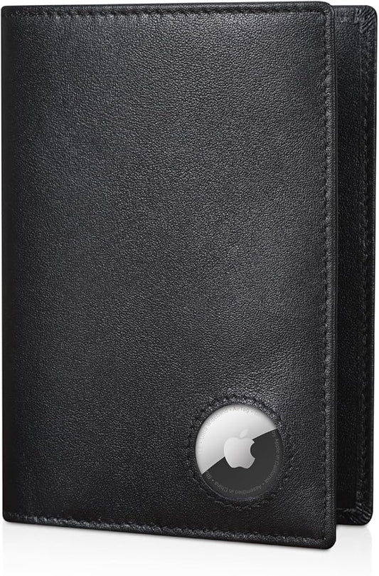 Polare Slim RFID Blocking Leather Passport Holder Travel Bifold Wallet For Men (Black with AirTag Holder)