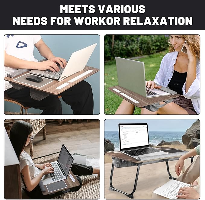 Lap Desk Bed Desk,17In Foldable Laptop Bed Tray Table with Mouse Pad,Wrist Rest and Adjustable Dual Cushion, Portable Wood Laptop Stand for Bed Sofa,Multifunctional Slot for Tablet & Phone