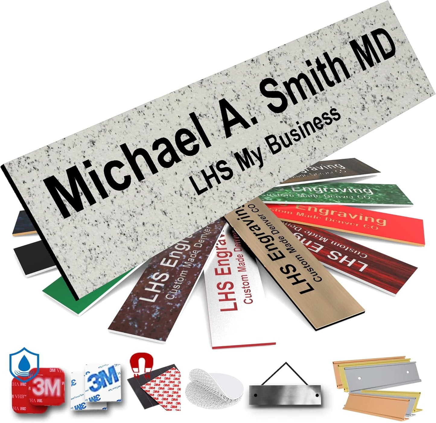 Door Name Plate Personalized for Office Stone Granite Plastic Name Plate Black Letters - Made in USA 2x6 S3
