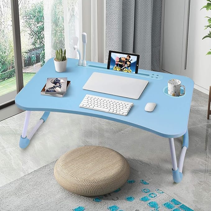 Slendor Lap Desk with Cup Holder, Foldable Laptop Table for Bed, Portable Bed Desk for Laptop and Writing, Computer Tray with Tablet Slot, Notebook Stand Reading Holder for Couch Sofa Floor,Blue