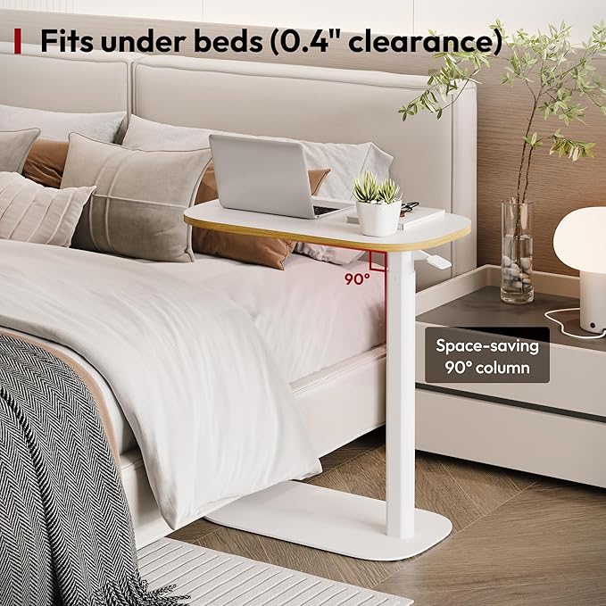 SANODESK Adjustable Overbed Bedside Table Pneumatic Adjustable Height Laptop Computer Standing Desk Cart with Tray, Hospital and Home Use(23.6" W x 13.8" D,White)