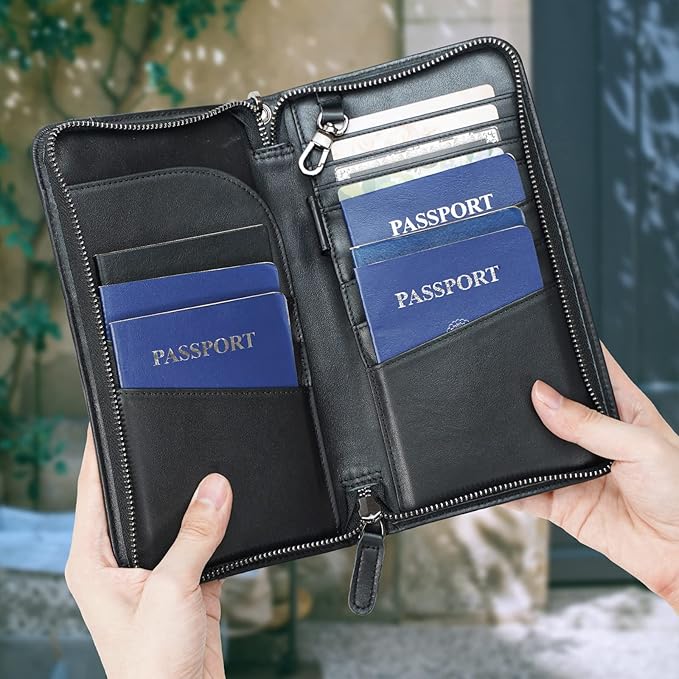 Polare Full Grain Leather Family Travel Passport Wallet and Documents Organizer RFID Blocking Case Holder Fits 6 Passports for Men and Women