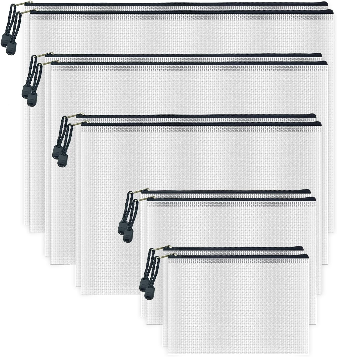 AUSTARK 10 Pcs Zipper File Bags, Waterproof Plastic Mesh Pouch for Office School, Board Game Storage Bags (Multi-Size, White and Black)