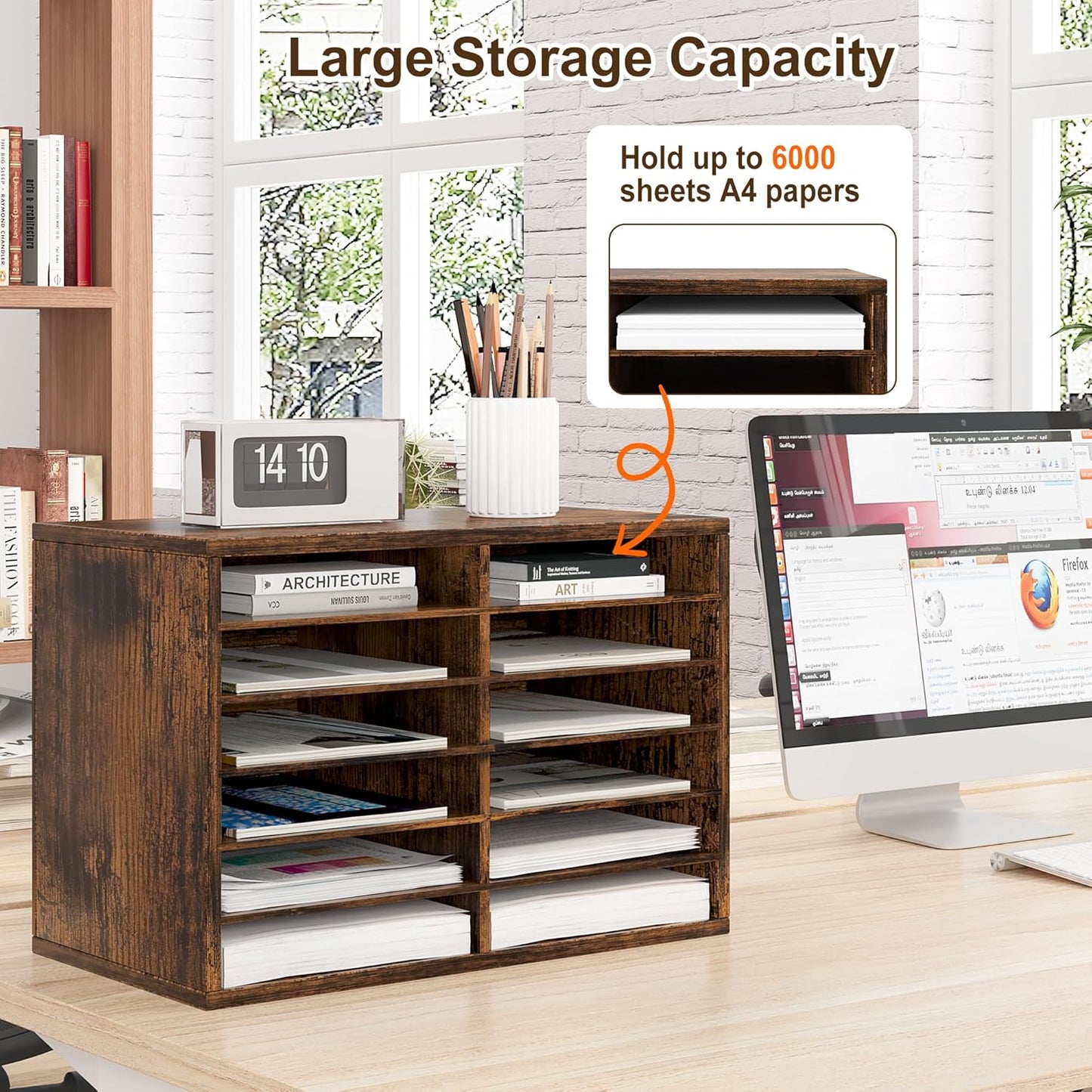 Mail Organizer Countertop, 12 Slots Wooden Desk File Literature Sorter, Adjustable Paper Storage Shelves Document Holder, Space Saving Desktop Mailbox for Office Classroom, Rustic Brown