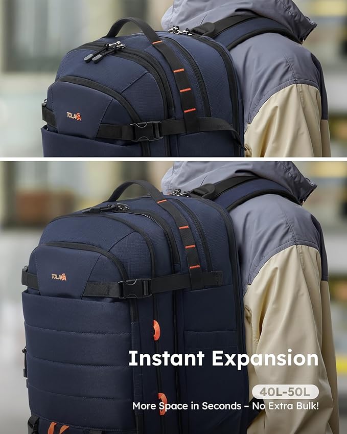 Tolaccea Carry on Travel Backpack, TSA Friendly Flight Approved Laptop Backpack Duffle Bag for Men Women with Dual Laptop Storage for 17.3", Expandable Business Rucksack 40L-50L Large - Blue