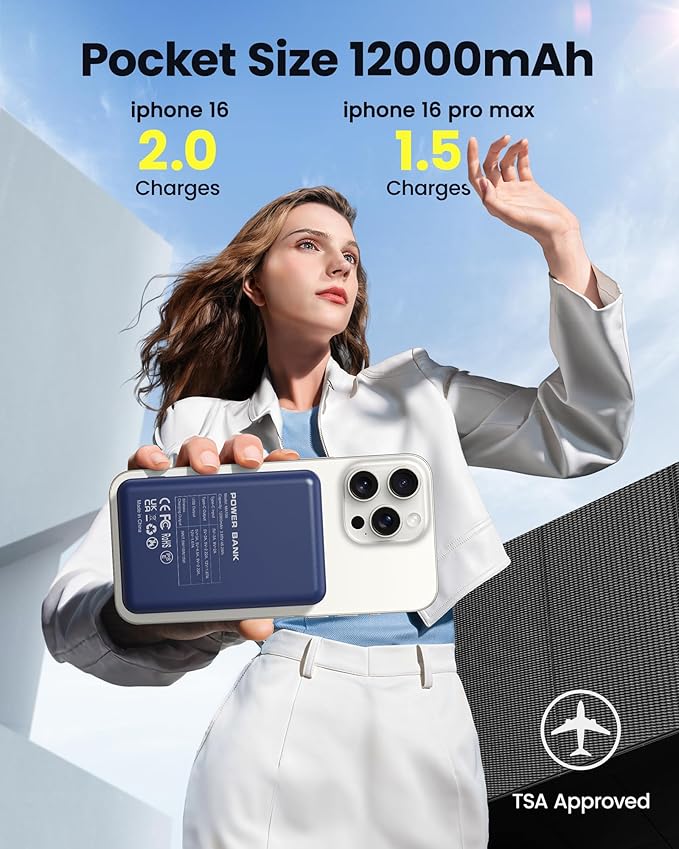 for Magsafe Battery Pack 12000mAh Magnetic Power Bank Portable Charger 20W USB C Fast Charging Wireless Charger for iPhone 16/15/14/13/12