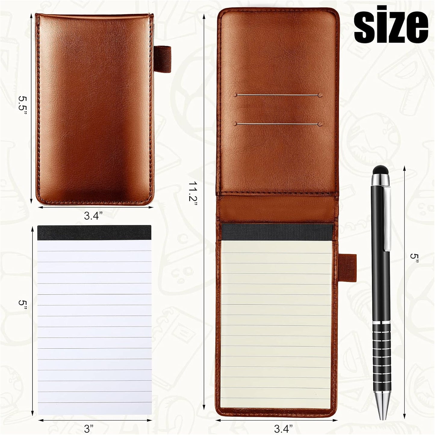 Outus 10 Pcs Pocket Notebook with Pen Set Included Mini Pocket Notepad Holder with 50 Lined Sheets, Metal Pen, 8 Pcs 3 x 5 Inch Memo Book Refills, 30 Lined Paper Per Note Pad (Brown)