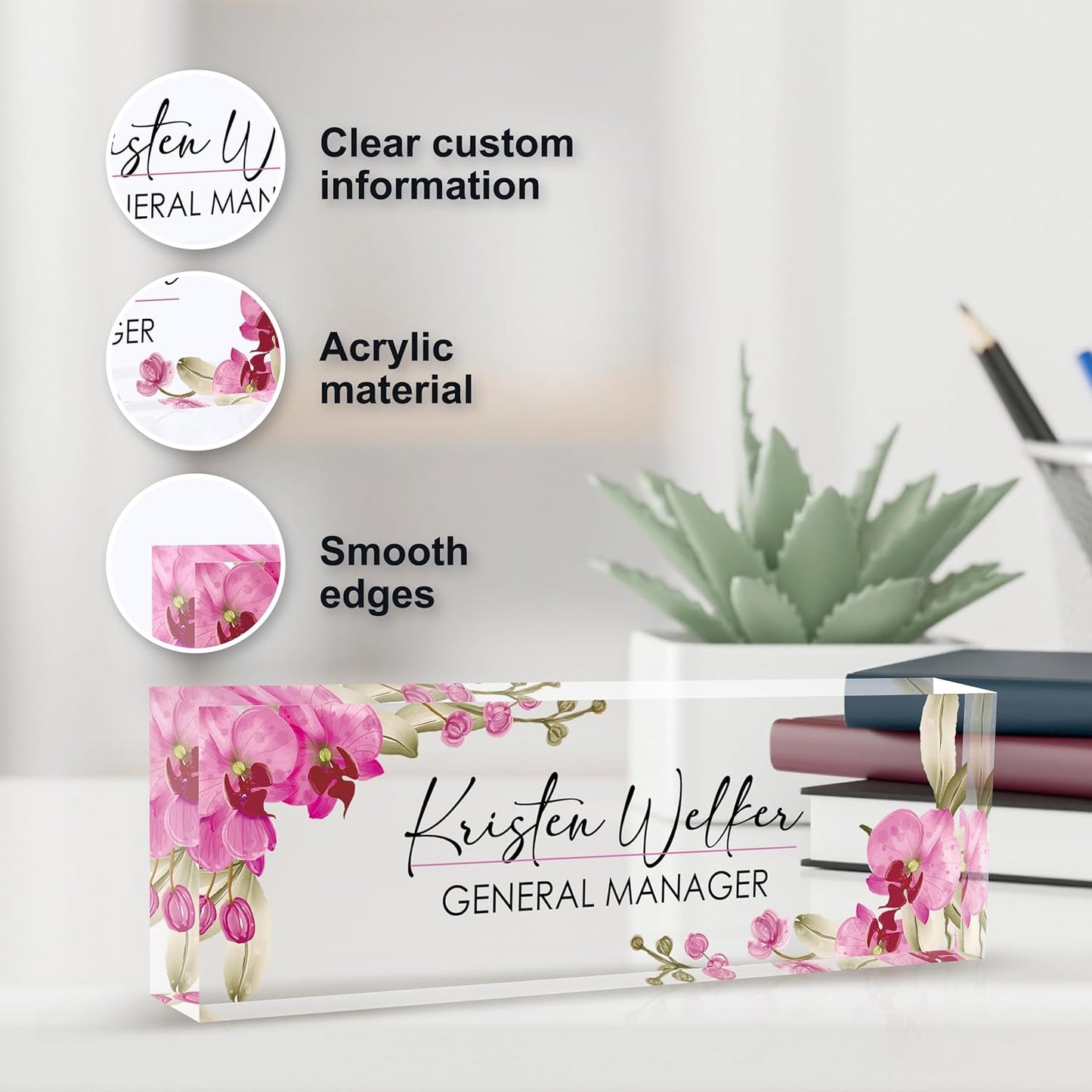 Personalized Name Plate for Desk, Custom Desk Name Plate, Acrylic Name Plate Office Desk Accessories, Personalized Office Gifts for Coworkers Teachers, Employee Appreciation Gifts (A-Butterfly Orchid)