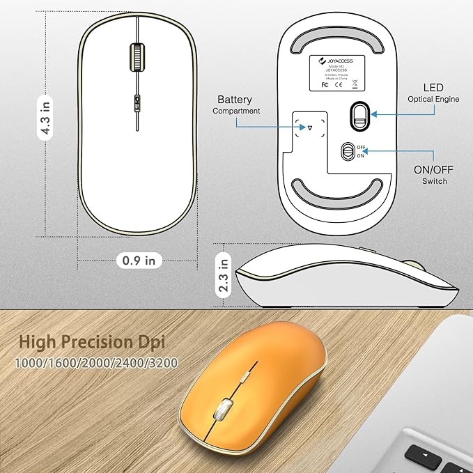 JOYACCESS J 2.4G Wireless Mouse, Soft Click, Silent Travel, 3200 DPI, 5 Adjustment Levels, for Laptop, Mac, PC, Notebook - Orange