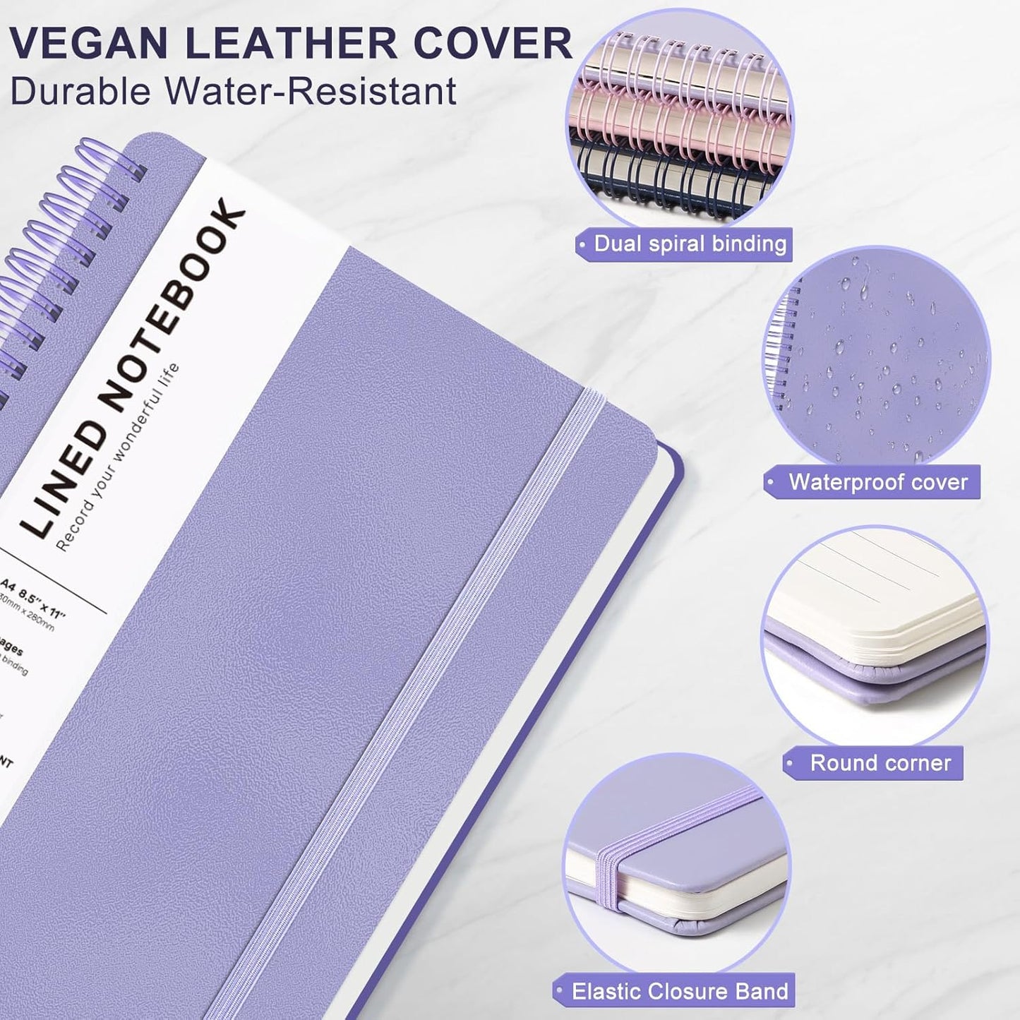 Lined Spiral Journal Notebook, A4 Hardcover Leather Notebook for Work, 8.5''×11'', 100GSM Thick Paper Spiral Bound Journaling Notebooks for Women & Men Office School Note Taking Business, Purple