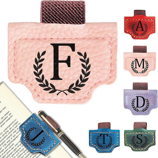 Personalized Bygone Mark Bookmark with Pen Holder, Leather Magnetic Bookmark 26 Letters Name Initial Bookmarks for Readers, Book Lover Gifts for Women Men Notebook Accessories (Pink, F)