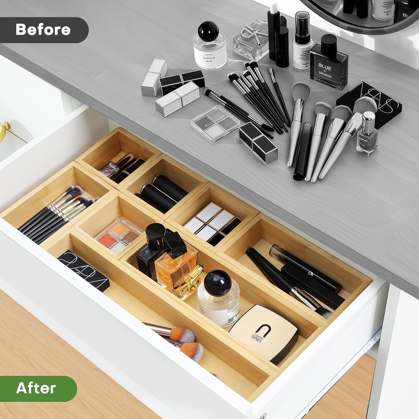 Bamboo Drawer Organizer Set, 9 PCS Multi-Use Individual Wood Storage Organizers, Junk Drawer Divider and Storage Trays Containers for Kitchen, Bathroom, Office Desk, Makeup, Jewelry, Utensils