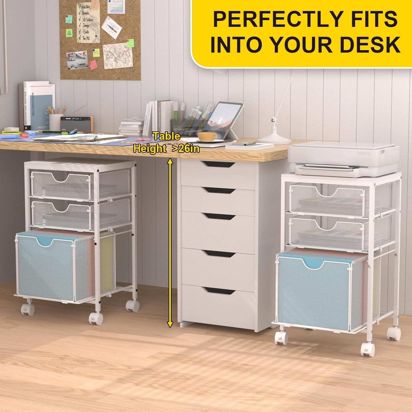 Rolling File Cart with 3 Storage Drawers, Wood & Mesh Hanging File Folder Organizer with Wheels Under Desk, File Cabinets for Home Office, 11.81" D x 14.8" W x 25.39" H, White