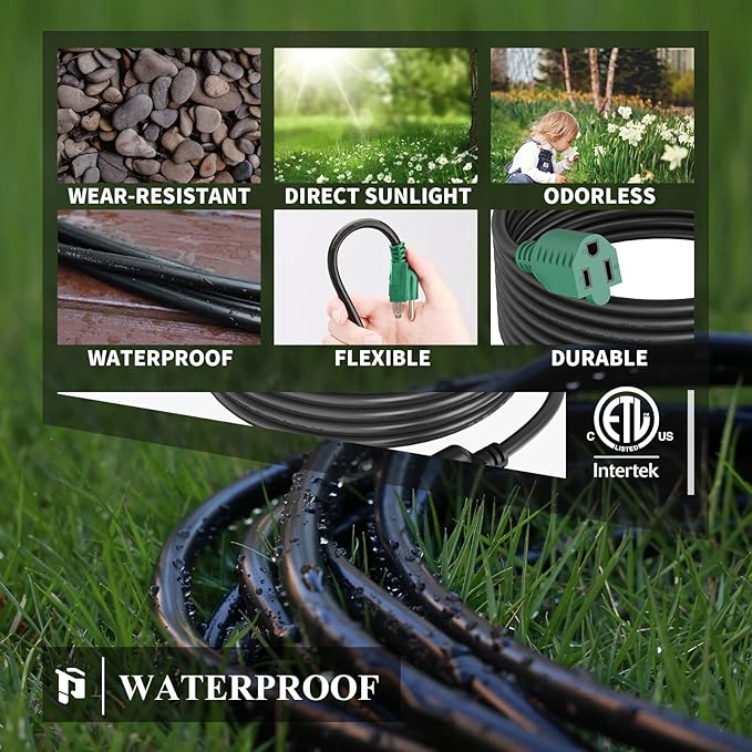 PLUGTUL 6 FT Extension Cord Waterproof, 16/3 Black Heavy Duty 3 Prong Extension Cord, 13A 1625W SJTW, ETL Listed, Great for Garden and Home