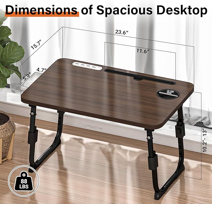 Laptop Desk for Bed Height Adjustable, Lap Bed Table with USB/Storage Drawer/Cup Holder/Tablet Stand/Book Shelf, Foldable Breakfast Tray Portable for Reading Writing, Sofa & Floor, Walnut