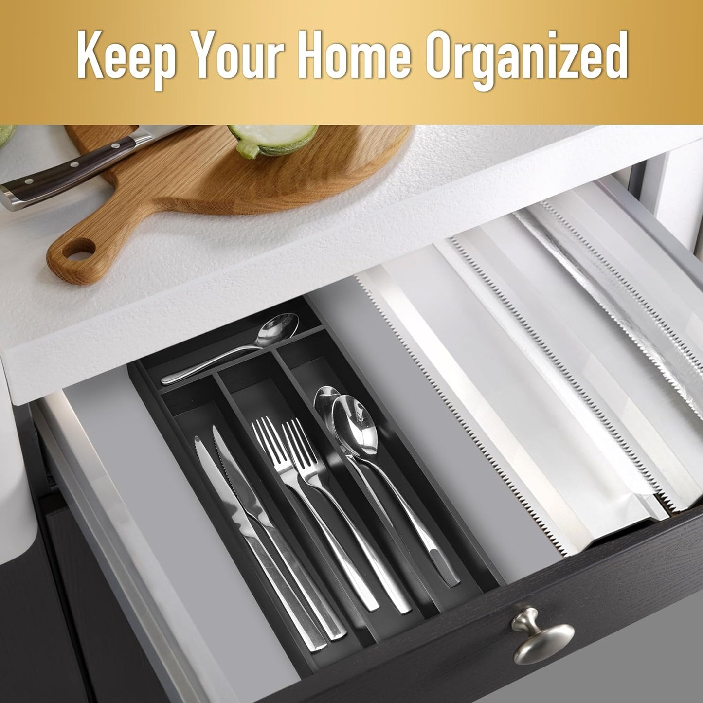 Silverware Organizer Small Bamboo Kitchen Drawer Organizer Utensil Organizer Silverware Holder Cutlery Organizer in drawer Flatware Organizer Tray (Black 4 Slots)