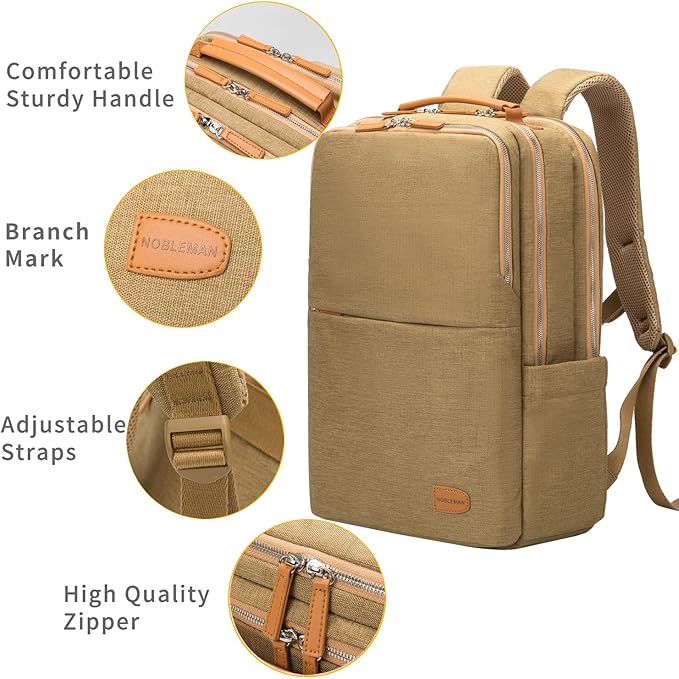 NOBLEMAN Large Laptop Backpack, Modern Water Resistent Travel Business Computer Backpacks with Multi-Compartment Pockets, Fits15.6 Inch Laptop Backpack with USB Charging Port Men Women(Khaki Plus