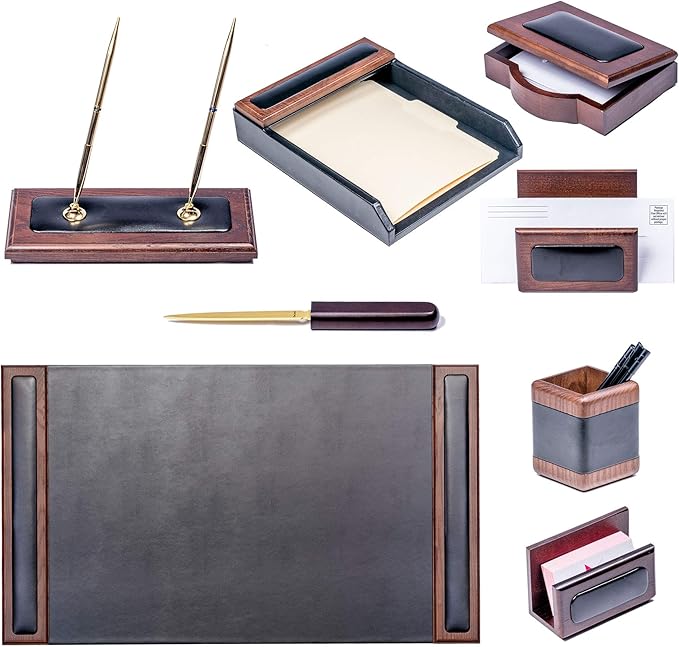 Dacasso Wood & Leather Desk Set - Luxury Leather Desk Pad & Desk Organization Essentials - Office Organization & Executive Desk Decor - (Walnut and Black, 8 Piece)