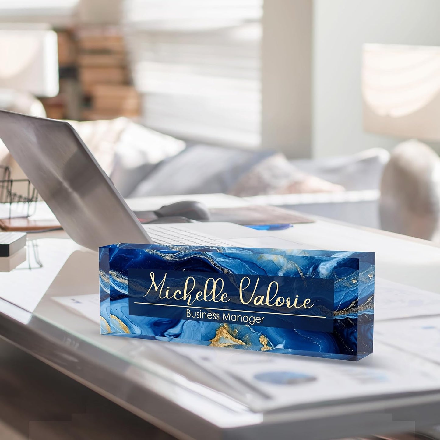 Custom Personalized Acrylic Name Plate Office Desk Accessories (A-Blue Gold)