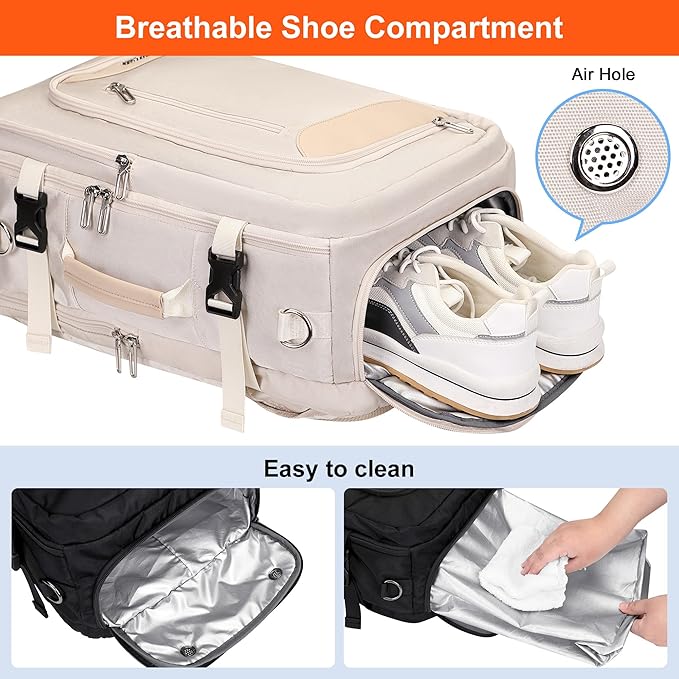 PIJUSHI Travel Backpack for Women Flight Approved Carry on Bag 16 inch Laptop Personal Item Daypack with Shoe Compartment(PE038 Beige)